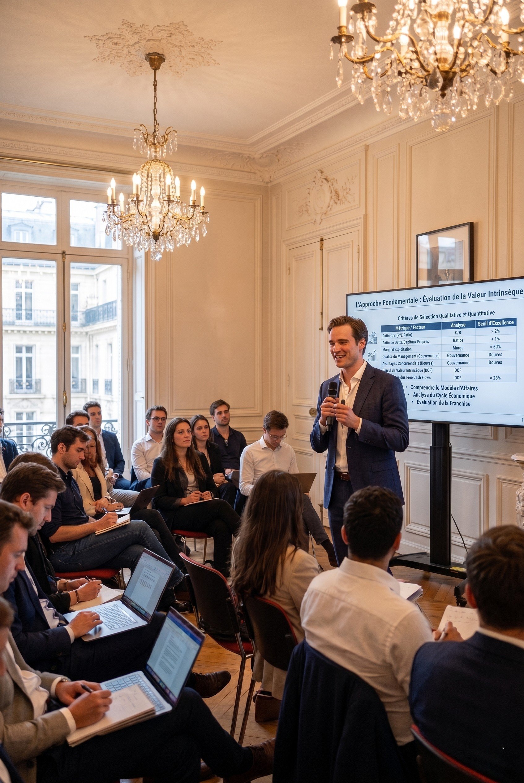 Guillaume Fournier présentant les critères de sélection du Protocole B.A.M. lors d'une rencontre Finance Optimale à Paris.