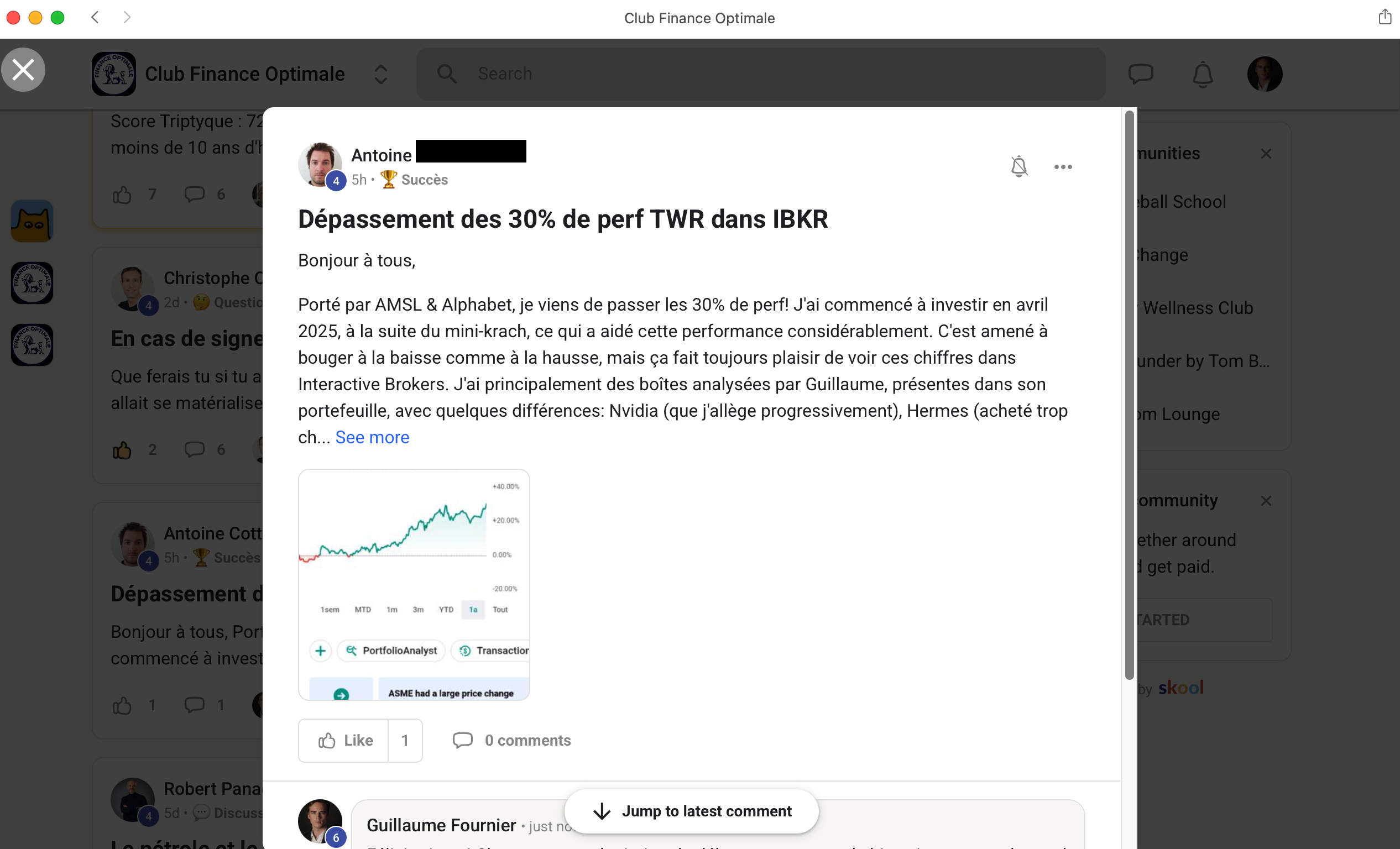 Capture du post d'Antoine sur la communauté Skool Club Finance Optimale, intitulé « Dépassement des 30% de perf TWR dans IBKR »
