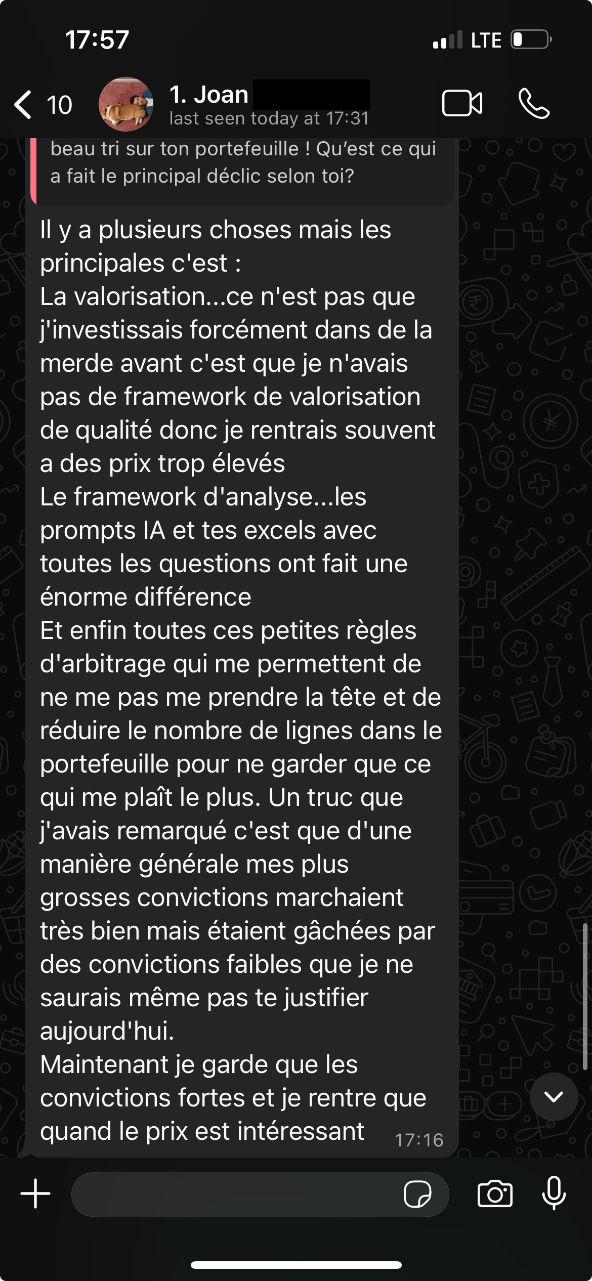 Capture WhatsApp de Joan rapportant 11 positions sur 14 dans le vert