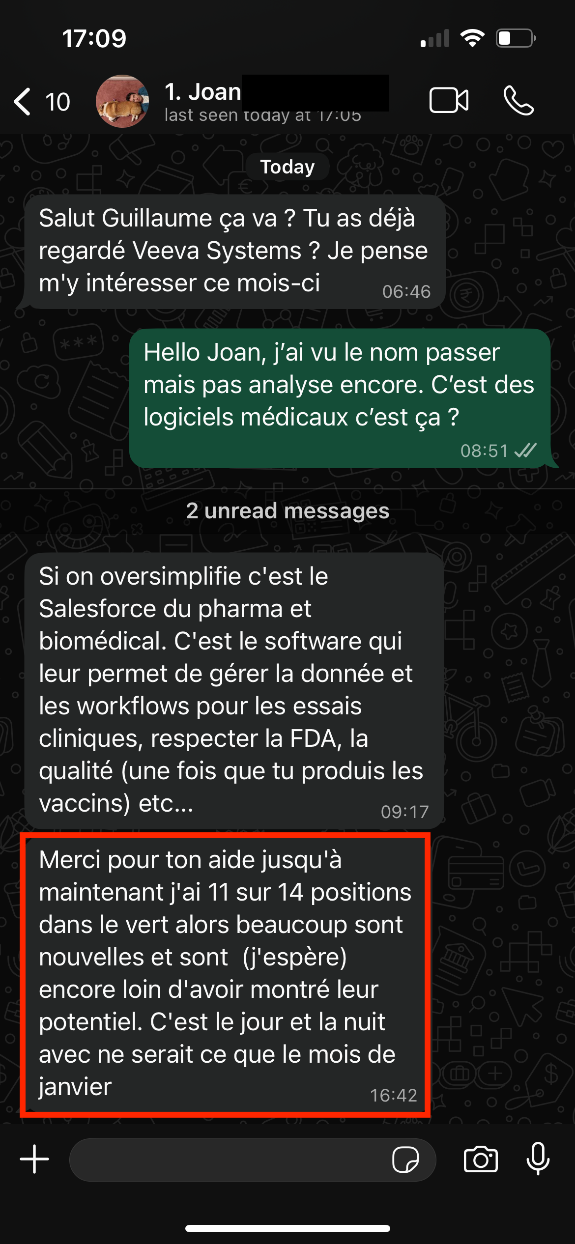 Capture WhatsApp de Joan détaillant les trois piliers qui ont changé sa façon d'investir