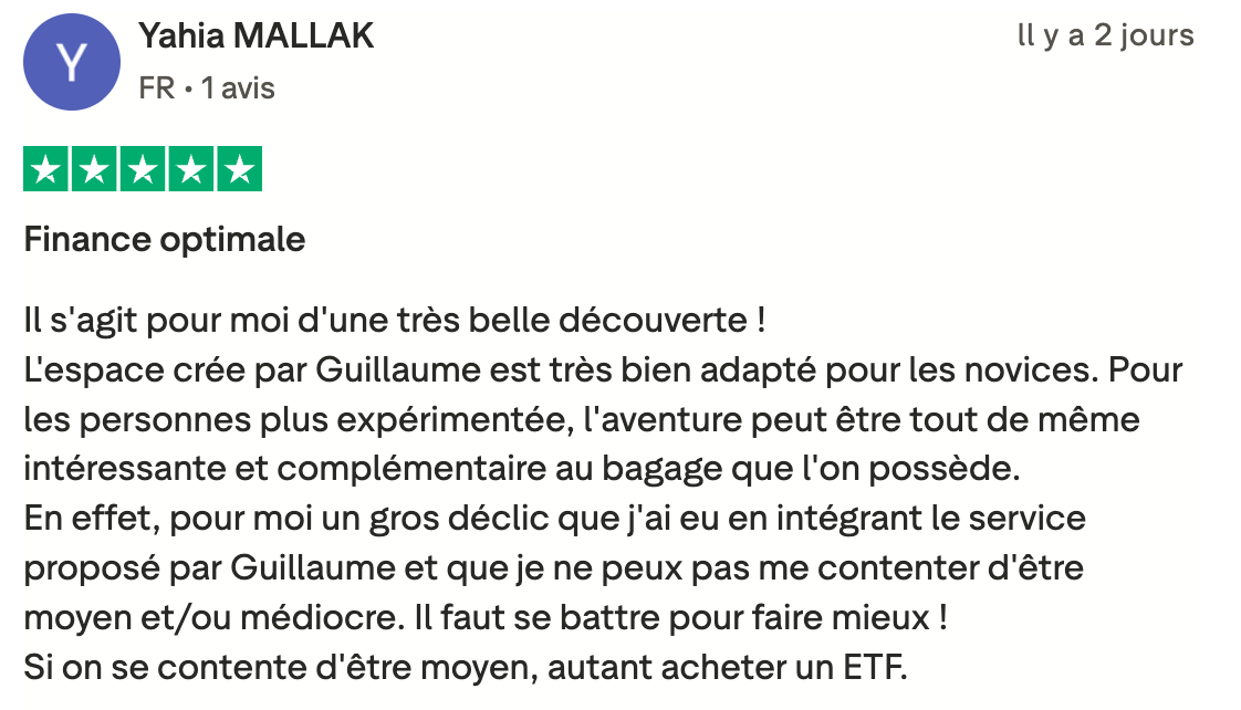 Capture de l'avis Trustpilot 5 étoiles laissé par Yahia Mallak sur Finance Optimale